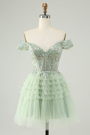 Vestido de fiesta corto de tul con hombros descubiertos y corte en A de color verde claro brillante